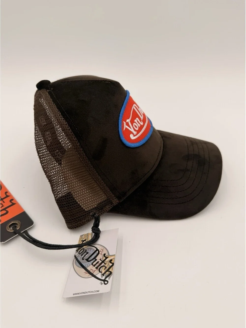 Von Dutch Hollywood Brown Velvet Trucker Hat with Red Blue Logo NWT